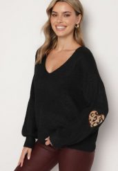 Czarny Sweter z Wełną i Ozdobnymi Naszywkami na Łokciach Norethra. Czarne swetry Born2be, na zimę, uniwersalny, z aplikacjami, z jeansu, eleganckie, bez ramiączek. W wyprzedaży za 118.99 zł.