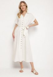 Jasnobeżowa Sukienka Koszulowa z Wiskozy i Lnu Wiązana w Talii z Kieszeniami Efrasira. Brązowe sukienki Born2be, na co dzień, l, bez wzorów, z wiskozy, eleganckie, bez kołnierzyka, bez ramiączek, maxi, koszulowe. W wyprzedaży za 127.49 zł.