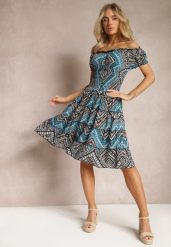 Zielono-Czarna Elastyczna Sukienka Boho z Hiszpańskim Dekoltem z Bawełny Solphina. Zielone sukienki Renee, l, bez wzorów, z bawełny, boho, bez kołnierzyka, bez ramiączek. W wyprzedaży za 43.99 zł.
