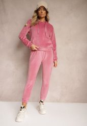 Ciemnoróżowy Komplet Dresowy z Dodatkiem Bawełny Spodnie z Gumką w Pasie Bluza z Kapturem Reseria. Czerwone bluzy Renee, l, bez wzorów, z bawełny, bez ramiączek, z kapturem. W wyprzedaży za 83.99 zł.