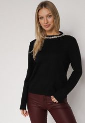Czarny Sweter z Dodatkiem Kaszmiru Ozdobiony Cekinami i Cyrkoniami Vetimona. Czarne swetry Born2be, z aplikacjami, z jeansu, eleganckie, bez ramiączek. Za 104.99 zł.