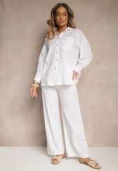 Biały Komplet z Lnem Koszula i Spodnie o Szerokim Kroju Renavine. Białe koszule Renee, bez wzorów, z materiału, eleganckie, bez kołnierzyka, bez ramiączek. W wyprzedaży za 167.99 zł.