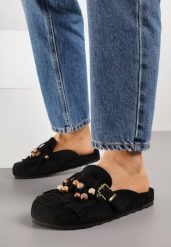 Czarne Klapki na Grubej Podeszwie z Frędzlami Klamrami i Koralikami Glysnell. Czarne klapki Born2be, bez wzorów, z jeansu, biznesowe, bez obcasa, na płaskiej podeszwie, bez zapięcia. Za 109.99 zł.