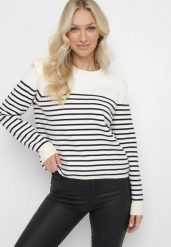 Beżowo-Granatowy Sweter w Cienkie Paskiz Poduszkami na Ramionach Gefonde. Brązowe swetry Born2be, m, bez wzorów, bez ramiączek. W wyprzedaży za 127.49 zł.