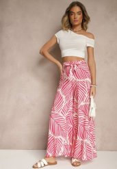 Różowo-Beżowe Spodnie o Szerokim Kroju High Waist w Liście Tenoralia. Czerwone jeansy Renee, m, bez wzorów, z jeansu, eleganckie, z podwyższonym stanem. W wyprzedaży za 47.99 zł.