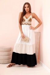 Sukienka damska boho maxi na ramiączkach z ażurową górą beżowy + czarny. Brązowe sukienki Kesi Włoski, na plażę, l, w ażurowe wzory, z bawełny, boho, bez kołnierzyka, bez ramiączek, maxi, rozkloszowane. Za 217.48 zł.