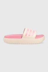 Adidas klapki damskie kolor różowy na platformie. Czerwone klapki adidas, bez wzorów, z materiału, bez obcasa, na platformie, bez zapięcia. Za 229.99 zł.