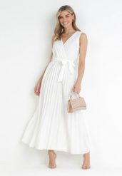 Biała Plisowana Sukienka Maxi z Gumką w Pasie i Materiałowym Paskiem Biak. Białe sukienki Born2be, na imprezę, l, bez wzorów, z materiału, eleganckie, bez kołnierzyka, bez ramiączek, maxi. W wyprzedaży za 76.49 zł.