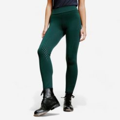 Legginsy jeździeckie damskie 500 z silikonowym lejem. Zielone legginsy FOUGANZA, bez wzorów, z lycry, długie. Za 129.99 zł.