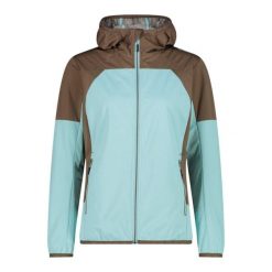 Damska wodoodporna kurtka softshell CMP. Niebieskie kurtki przejściowe sportowe CMP, bez wzorów, z materiału, z kapturem, trekkingowe. Za 387.05 zł.