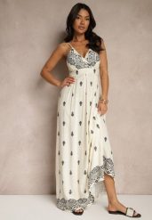 Kremowo-Czarna Kopertowa Sukienka na Ramiączkach z Bawełny z Wiązanym Paskiem Reveesia. Brązowe sukienki Renee, na imprezę, l, bez wzorów, z bawełny, bez kołnierzyka, bez ramiączek, maxi, dopasowane. Za 89.99 zł.