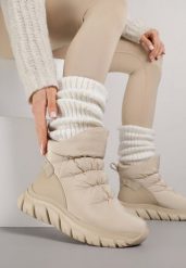 Ciemnobeżowe Pikowane Śniegowce na Grubej Tłoczonej Podeszwie Resita. Brązowe śniegowce Born2be, bez wzorów, z jeansu, bez zapięcia. Za 199.99 zł.