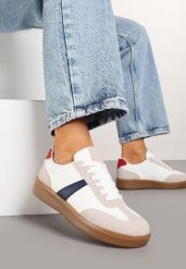 Biało-Granatowe Sneakersy Tenisówki z Geometrycznym Wzorem Hanivra. Białe trampki Renee, bez wzorów, z jeansu, sportowe, bez zapięcia. W wyprzedaży za 67.99 zł.