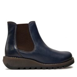 Sztyblety Fly London. Niebieskie botki Fly London, bez wzorów, bez obcasa, na płaskiej podeszwie, bez zapięcia. Za 439.99 zł.