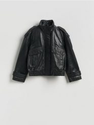 Skórzana kurtka biker - czarny. Czarne kurtki Reserved, l, bez wzorów, ze skóry, bez kaptura. Za 599.99 zł.