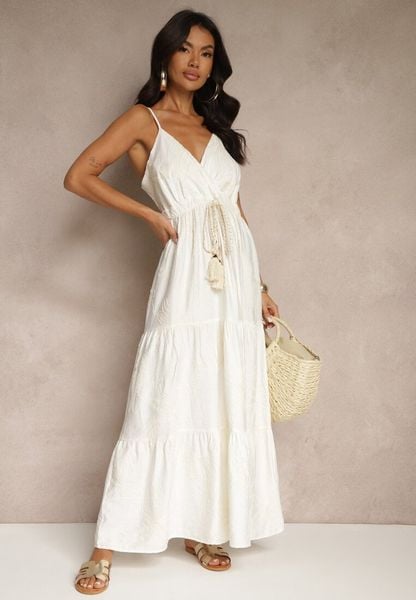 Biała Sukienka z Wiskozą ze Sznurkiem i Haftowanym Wzorem Liralette. Białe sukienki Renee, na plażę, m, bez wzorów, z wiskozy, eleganckie, bez kołnierzyka, bez ramiączek, maxi, kopertowe. Za 159.99 zł.