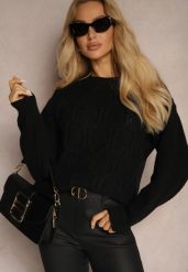 Czarny Sweter z Dodatkiem Wełny ze Ściągaczami i Splotem Teriela. Czarne swetry Renee, l, bez wzorów, z jeansu, casualowe, bez ramiączek. Za 44.99 zł.