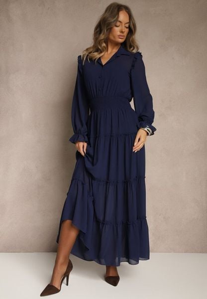 Granatowa Sukienka VICES Koszulowa z Falbaną w Rustykalnym Stylu Arivite. Niebieskie sukienki Renee, na co dzień, l, bez wzorów, bez kołnierzyka, bez ramiączek, maxi, koszulowe. Za 139.99 zł.