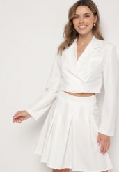 Biała Krótka Marynarka o Dwurzędowym Kroju Redaelia. Białe marynarki i żakiety Born2be, l, z aplikacjami, z jeansu, eleganckie, bez ramiączek. W wyprzedaży za 84.99 zł.