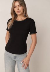Czarny Minimalistyczny T-shirt z Bawełny Zdobiony Warkoczowymi Lamówkami Thessele. Czarne t-shirty Born2be, m, z aplikacjami, z bawełny, casualowe, bez kołnierzyka, bez ramiączek. Za 49.99 zł.