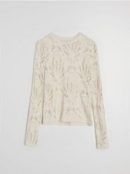 Ażurowa bluzka z długim rękawem - kremowy. Białe bluzki Sinsay, l, w ażurowe wzory, bez kołnierzyka, bez ramiączek. Za 29.99 zł.