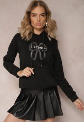 Czarna Bluza Wykończona Polarem z Nadrukiem i Kapturem Nimba. Czarne bluzy Renee, l, bez wzorów, z bawełny, casualowe, bez ramiączek. W wyprzedaży za 71.99 zł.