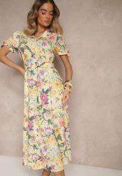 Żółta Koszulowa Sukienka w Kwiaty o Rozkloszowanym Fasonie z Paskiem Fevalirra. Żółte sukienki Renee, na spotkanie biznesowe, m, bez wzorów, eleganckie, bez kołnierzyka, bez ramiączek, maxi, kopertowe. W wyprzedaży za 107.99 zł.