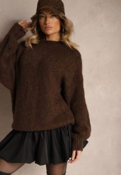 Brązowy Klasyczny Sweter z Wełną i Wiskozą o Luźnym Kroju Omethea. Brązowe swetry Renee, bez wzorów, z jeansu, casualowe, bez ramiączek. Za 189.99 zł.