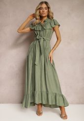 Zielona Sukienka z Materiałowym Paskiem i Wiskozą Wykończona Guzikami i Falbanką Hanesi. Zielone sukienki Renee, na co dzień, l, bez wzorów, z materiału, eleganckie, bez kołnierzyka, bez ramiączek, maxi. W wyprzedaży za 135.99 zł.
