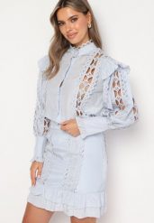 Niebieski Ażurowy Komplet z Dodatkiem Bawełny Koszula z Perełkowymi Guzikami i Spódnica Leniyana. Niebieskie koszule Born2be, m, w ażurowe wzory, z bawełny, eleganckie, bez kołnierzyka, bez ramiączek. Za 129.99 zł.