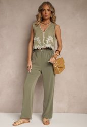Zielone Wiskozowe Spodnie High Waist o Prostym Fasonie Saliella. Zielone jeansy Renee, bez wzorów, z jeansu, eleganckie, z podwyższonym stanem. W wyprzedaży za 39.99 zł.
