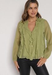 Zielona Bluzka Koszulowa z Dekoltem w Serek Zdobiona Falbankami Nailiphis. Zielone bluzki Born2be, l, z aplikacjami, z jeansu, biznesowe, bez kołnierzyka, bez ramiączek. Za 99.99 zł.