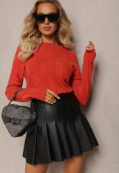Pomarańczowy Warkoczowy Sweter z Długim Rękawem i Ściągaczami Kaviss. Brązowe swetry Renee, bez wzorów, z dzianiny, casualowe, bez ramiączek. Za 79.99 zł.