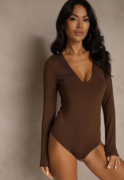 Brązowe Body z Długimi Rękawami z Wiskozą Zaithria. Brązowe body i gorsety Renee, bez wzorów, z wiskozy, bez ramiączek. Za 89.99 zł.