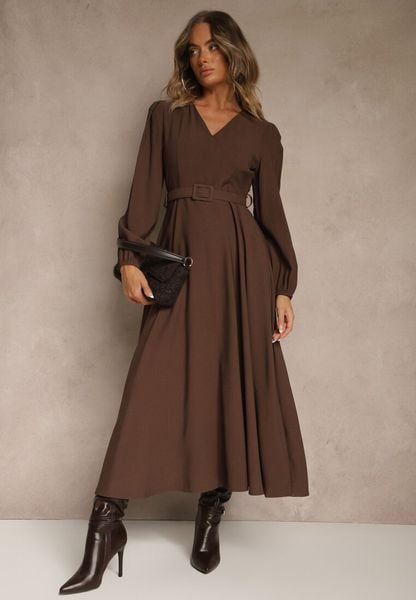 Brązowa Rozkloszowana Sukienka z Wiskozy z Paskiem ze Sprzączką Orille. Brązowe sukienki Renee, s, bez wzorów, z materiału, bez kołnierzyka, bez ramiączek, maxi, rozkloszowane. Za 159.99 zł.
