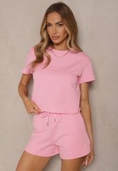 Różowy Bawełniany T-shirt o Fasonie Cropped Galionela. Czerwone t-shirty Renee, l, bez wzorów, z bawełny, bez kołnierzyka, bez ramiączek. W wyprzedaży za 63.99 zł.