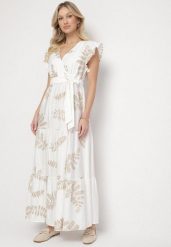 Biała Wiskozowa Sukienka Kopertowa z Metaliczną Nicią i Haftem Frolvesa. Białe sukienki Born2be, na co dzień, l, z aplikacjami, z wiskozy, eleganckie, bez kołnierzyka, bez ramiączek, maxi, kopertowe. Za 109.99 zł.