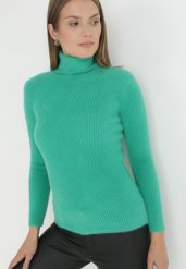 Zielony Golf Wełniany Prążkowany Ona. Zielone swetry Born2be, xs, bez wzorów, z dzianiny, bez ramiączek. Za 44.99 zł.