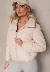 Ciemnobeżowa Kurtka o Prostym Kroju ze Stójką i Pikowanymi Przeszyciami Mireriel. Brązowe kurtki Renee, l, bez wzorów, z jeansu, eleganckie, bez kaptura. W wyprzedaży za 149.99 zł.