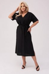 Sukienka Lenora w czarnym kolorze - Elegancja w naturalnym stylu PLUS SIZE OVERSIZE XXL. Czarne sukienki Moda Size Plus Iwanek, na co dzień, l, bez wzorów, ze lnu, eleganckie, bez kołnierzyka, plus size, bez ramiączek, midi, dopasowane. W wyprzedaży za 269.90 zł.