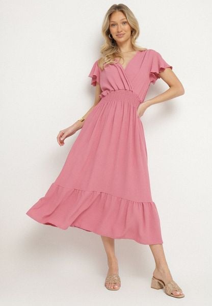 Różowa Sukienka o Rozkloszowanym Kroju z Kopertowym Dekoltem i Gumką w Talii Reiliana. Czerwone sukienki Born2be, na co dzień, l, bez wzorów, eleganckie, bez kołnierzyka, bez ramiączek, midi, kopertowe. Za 69.99 zł.