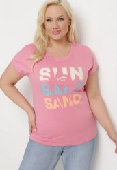 Różowa Bluzka T-shirt z Napisem na Przodzie Vanneli. Czerwone bluzki Born2be, l, z aplikacjami, bez kołnierzyka, bez ramiączek. Za 59.99 zł.