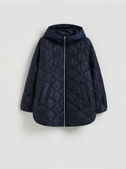 Pikowana kurtka z kapturem - granatowy. Niebieskie kurtki Reserved, l, bez wzorów, z tkaniny, z kapturem. Za 159.99 zł.