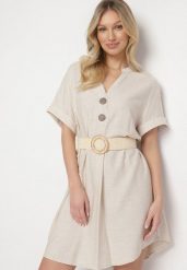Jasnobeżowa Bawełniana Sukienka o Prostym Kroju z Krótkim Rękawem i Guzikami Elaniwen. Brązowe sukienki Born2be, na co dzień, m, bez wzorów, z bawełny, eleganckie, bez kołnierzyka, bez ramiączek, mini, proste. Za 109.99 zł.