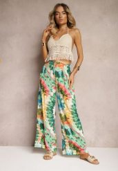 Zielone Spodnie z Wiskozy High Waist z Szerokimi Nogawkami Ozdobione Wzorem Tie-Dye Risalias. Zielone jeansy Renee, na lato, bez wzorów, z jeansu, z podwyższonym stanem. W wyprzedaży za 29.99 zł.