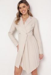 Beżowa Rozkloszowana Sukienka Mini z Kopertową Górą i Plisami na Dole Lontasa. Brązowe sukienki Born2be, m, bez wzorów, eleganckie, bez kołnierzyka, bez ramiączek, mini, kopertowe. W wyprzedaży za 127.49 zł.