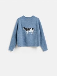 Sweter ze zwierzęcym motywem - granatowy. Niebieskie swetry Reserved, l, bez wzorów, z dzianiny, bez ramiączek. Za 129.99 zł.