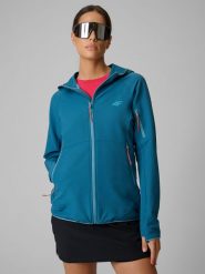 4F Kurtka softshell wiatroodporna damska - turkusowa L. Niebieskie kurtki 4f, na lato, l, bez wzorów, z softshellu, bez kaptura, trekkingowe. Za 299.99 zł.