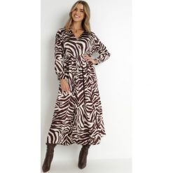Brązowo-Beżowa Sukienka Satynowa z Animal Printem Sharifa. Brązowe sukienki Born2be, l, z aplikacjami, z satyny, bez kołnierzyka, bez ramiączek, maxi, kopertowe. W wyprzedaży za 83.99 zł.