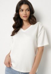 Biały T-shirt z Trójkątnym Dekoltem Foniriela. Białe t-shirty Born2be, l, bez wzorów, z jeansu, biznesowe, bez kołnierzyka, bez ramiączek. Za 69.99 zł.